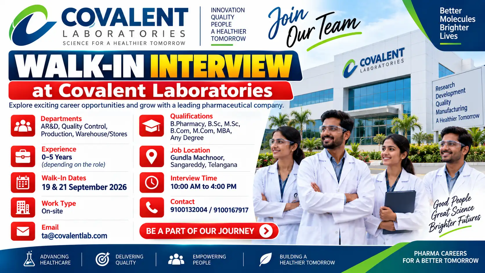 Freshers Hiring QC, AR&D, Production & Warehouse Jobs at Covalent