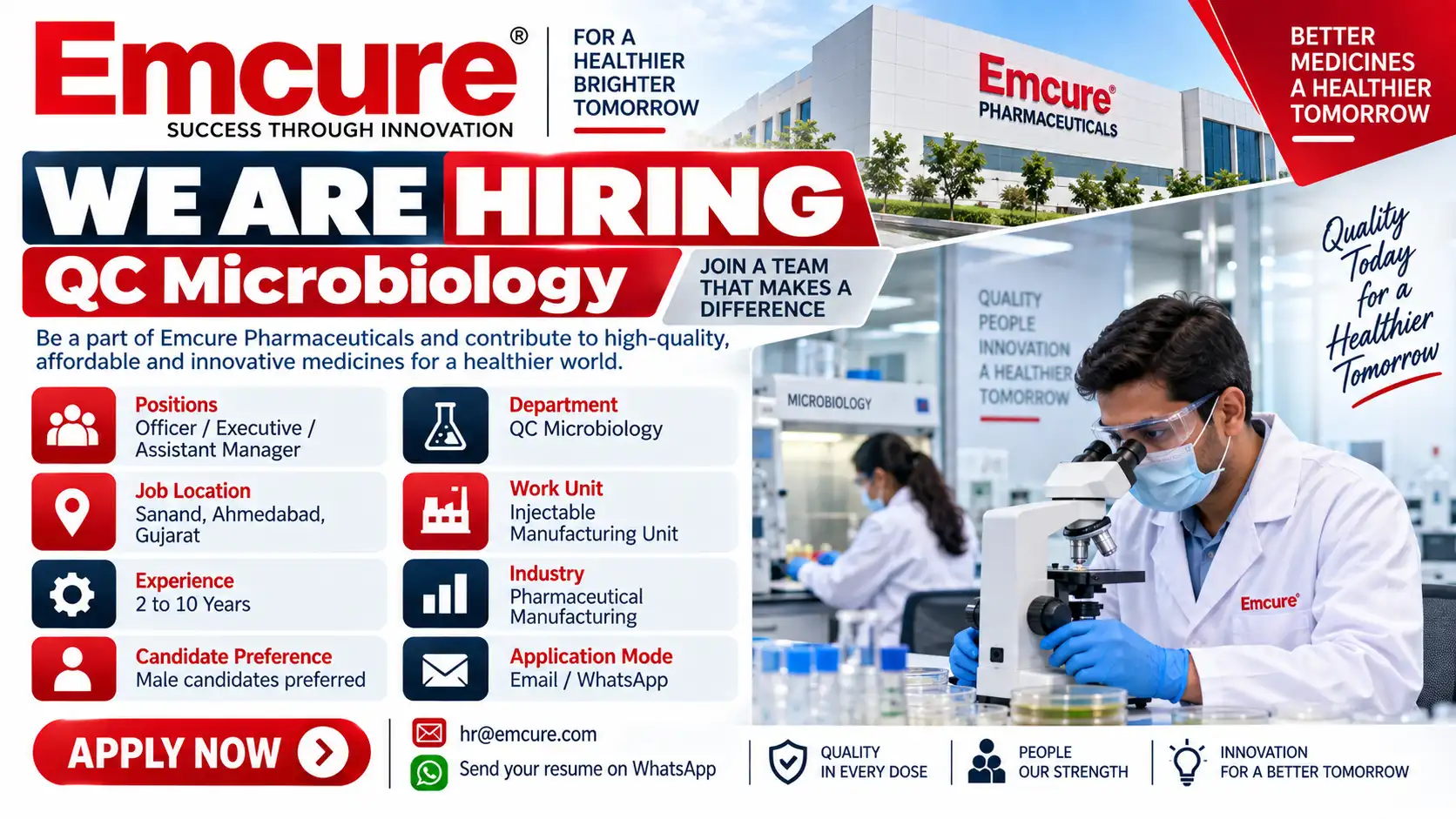 Emcure Hiring QC Microbiology Officer, Executive & Assistant Manager Jobs