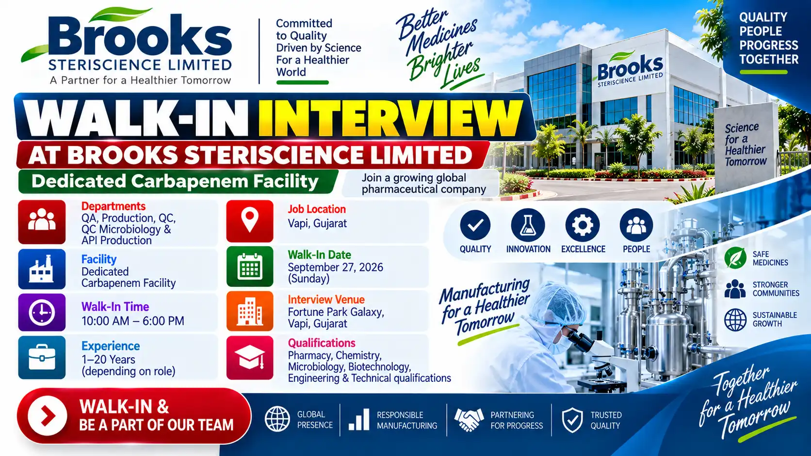 Brooks Steriscience Walk-In Interview QA, QC, Production & API Jobs on September 27