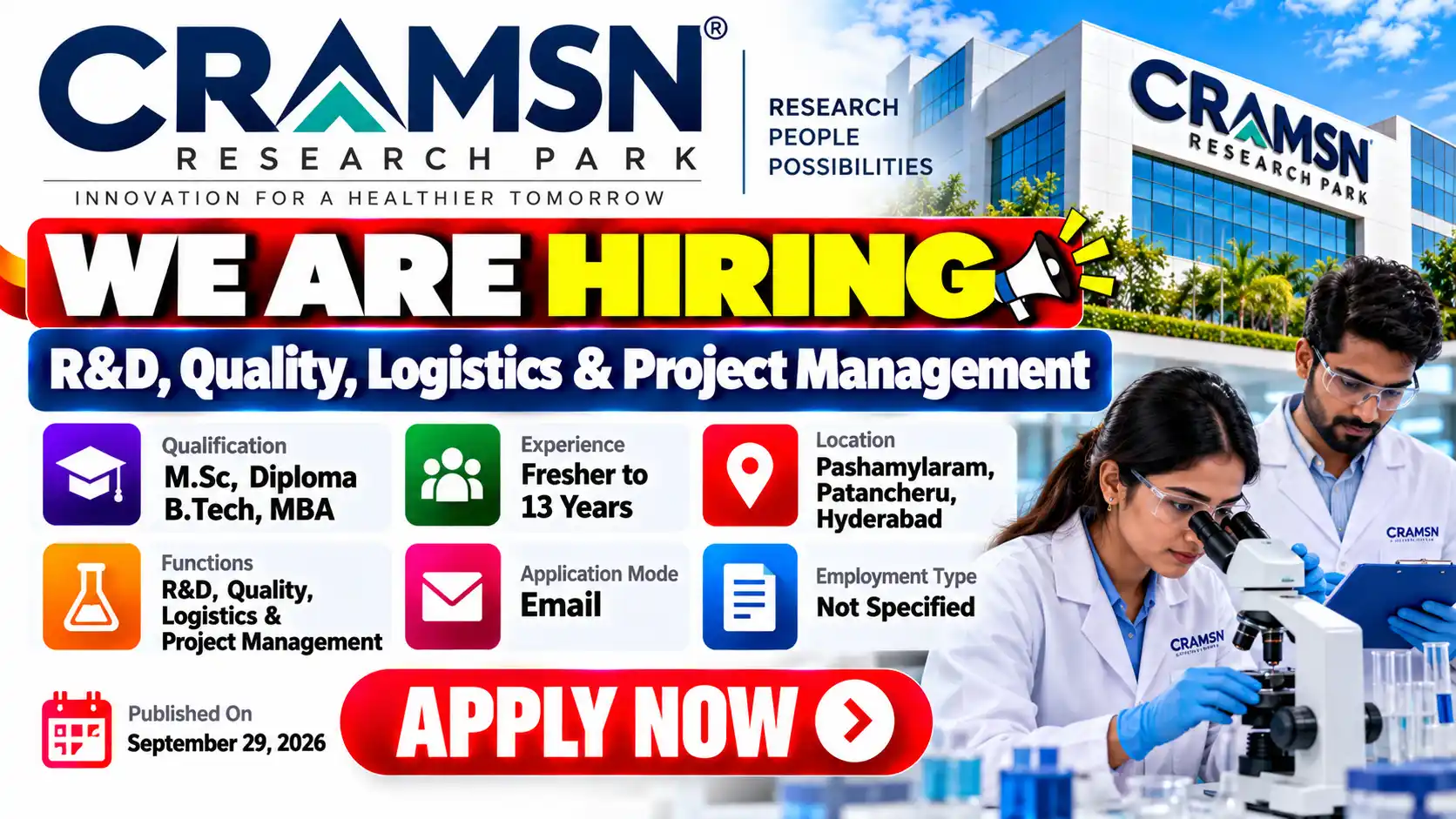 CRAMSN Research Park R&D, QA, Logistics & Project Management Jobs
