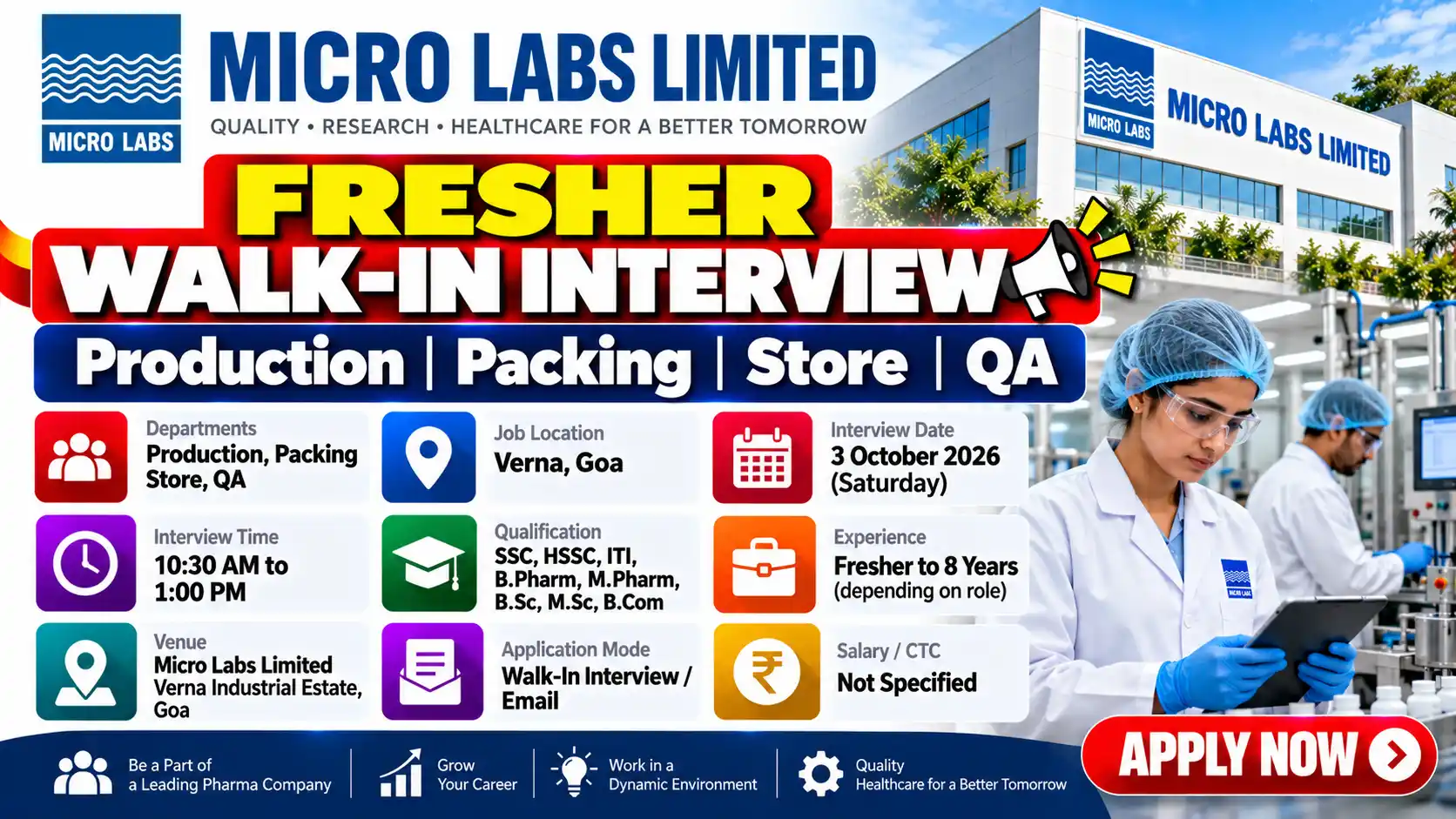 Fresher Jobs in Production, Packing, Store & QA Goa Walk-In