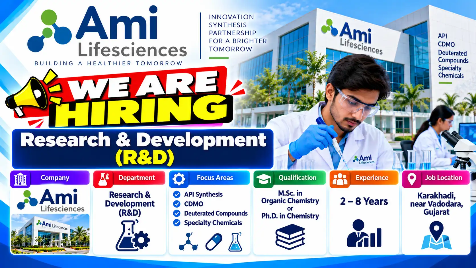 Ami Lifesciences Hiring R&D API Synthesis, CDMO & Specialty Chemicals Jobs