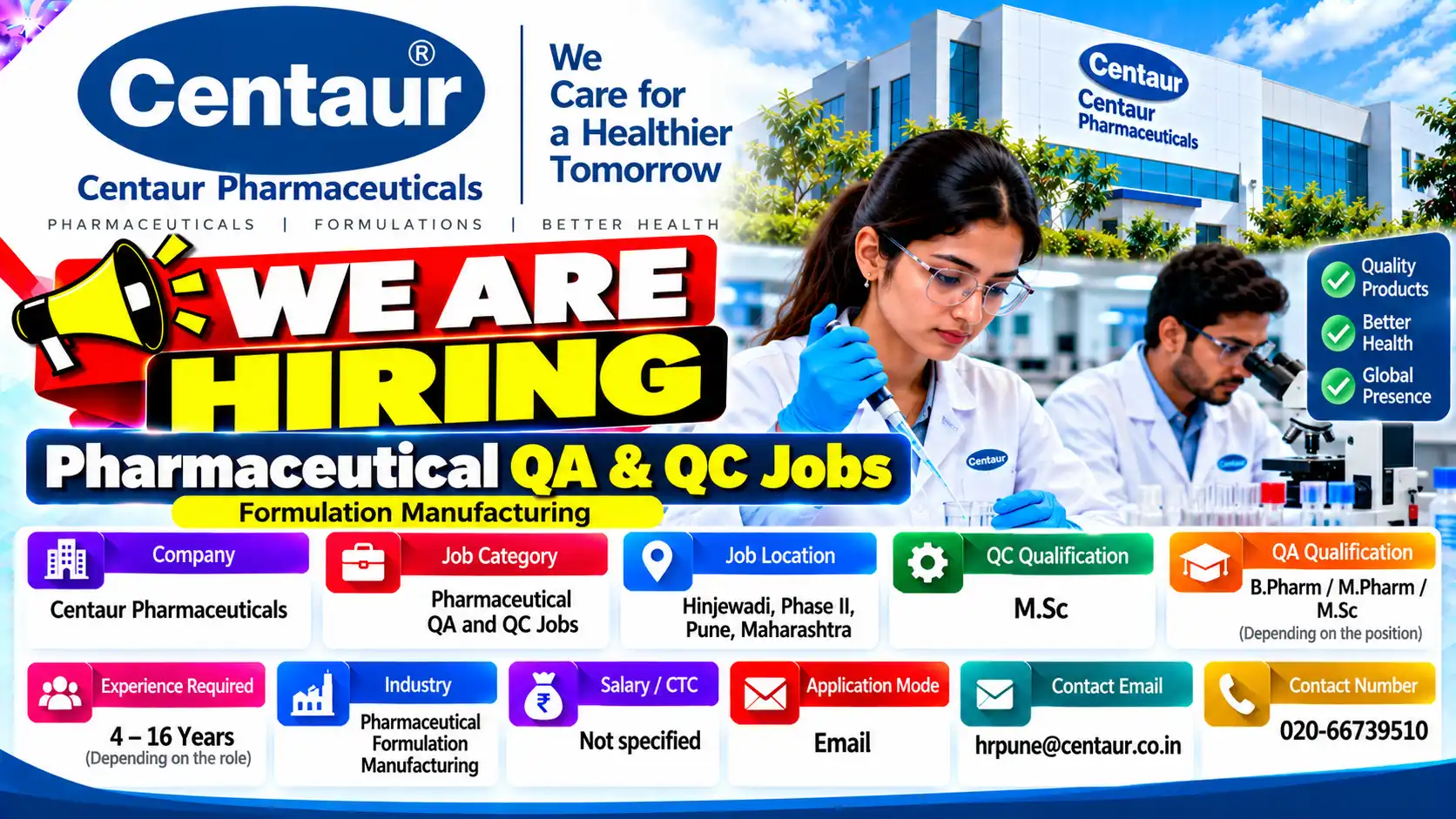 Centaur Pharma Hiring QA and QC Jobs in Pune
