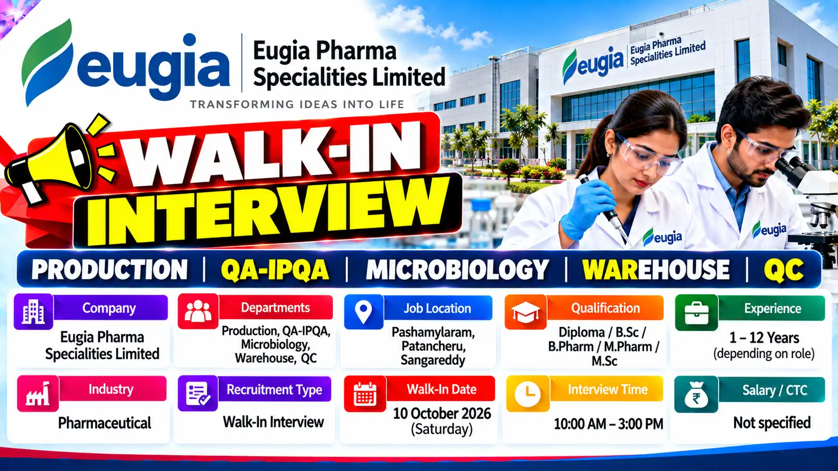 Eugia Pharma Hiring Production, QA, QC, Microbiology & Warehouse Walk-In