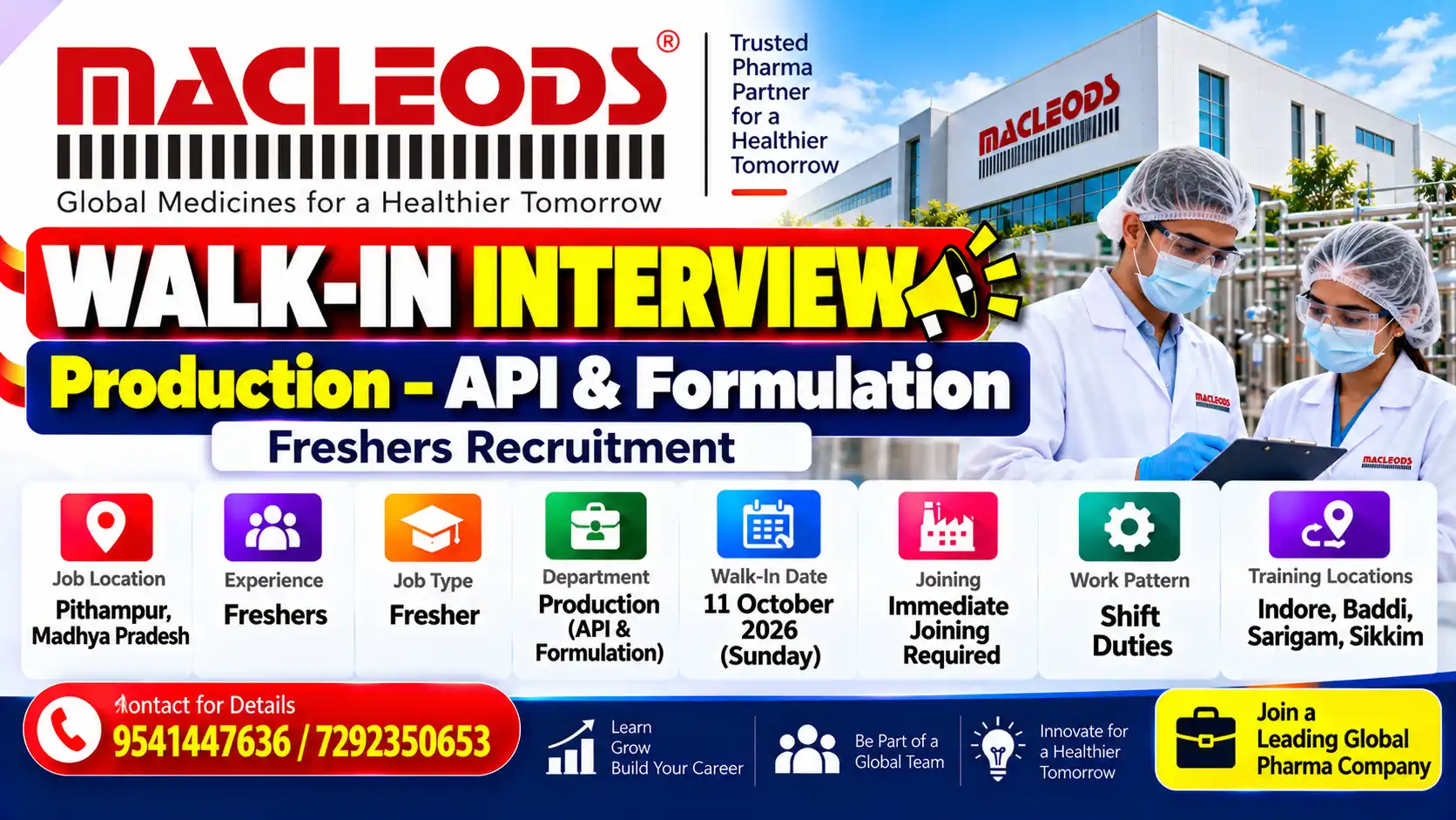 Freshers Hiring Production API & Formulation Walk-In Interview