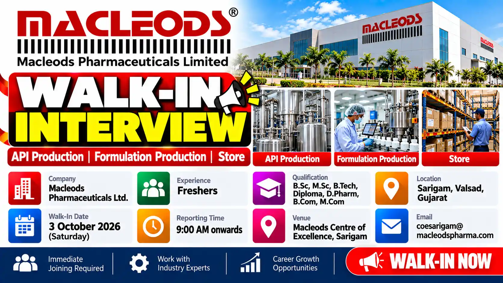 Freshers Walk-In for API Production & Store Job