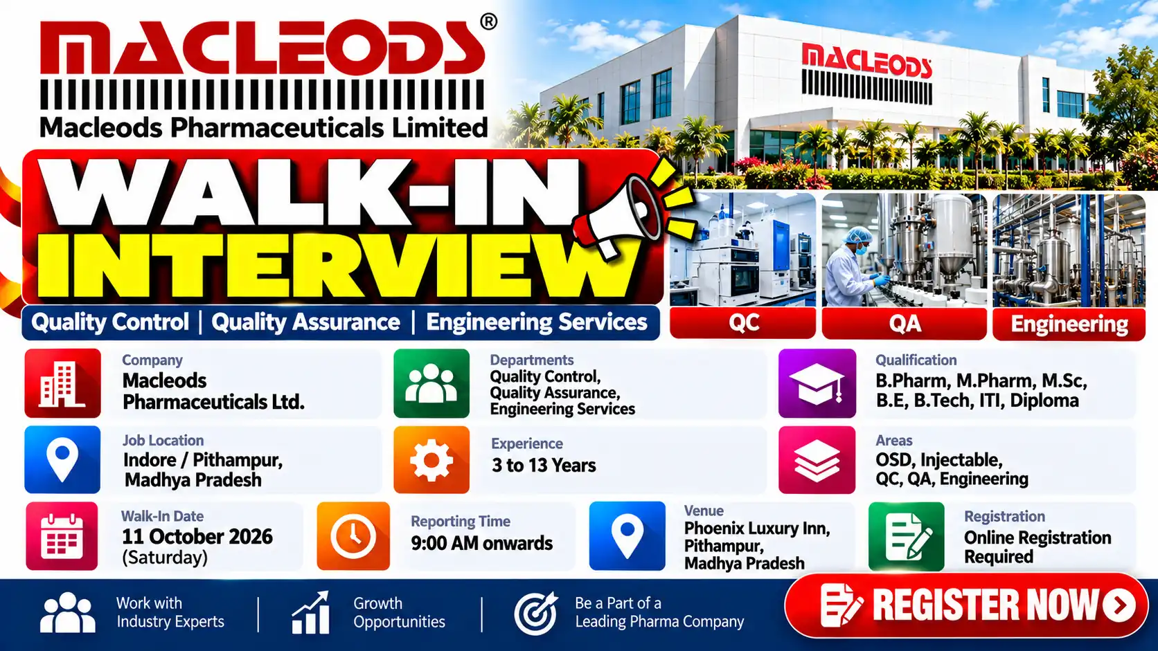 Macleods QC, QA & Engineering Walk-In Jobs in Indore